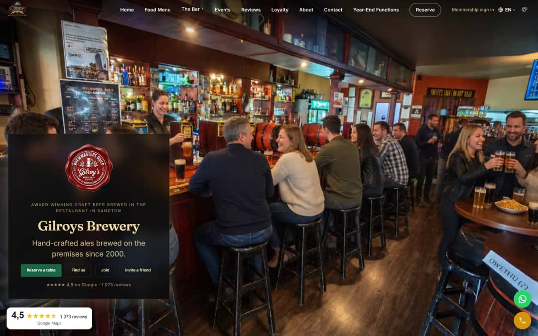 Gilroys Brewery’s home page, a brewery and restaurant site built on OwnerPilot