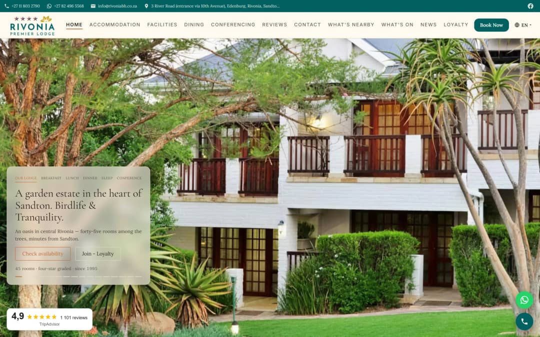 Rivonia Premier Lodge’s home page, a lodge site built on OwnerPilot