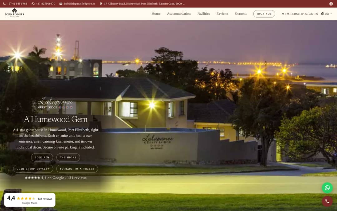 Lalapanzi Lodge’s home page, a guest lodge site built on OwnerPilot