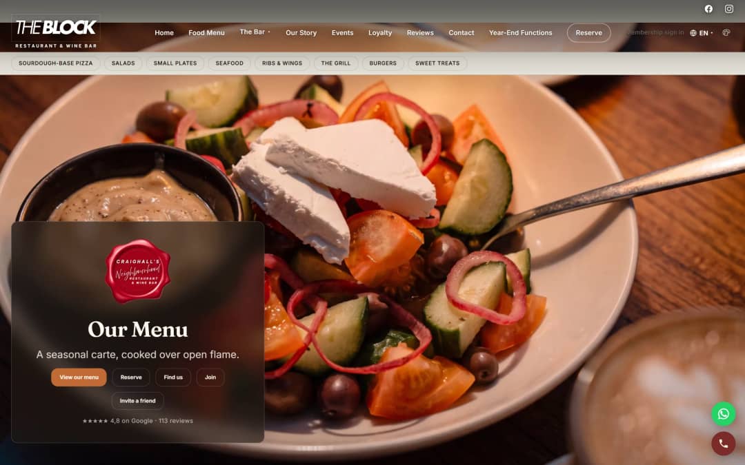 The Block’s food menu page, a restaurant site built on OwnerPilot